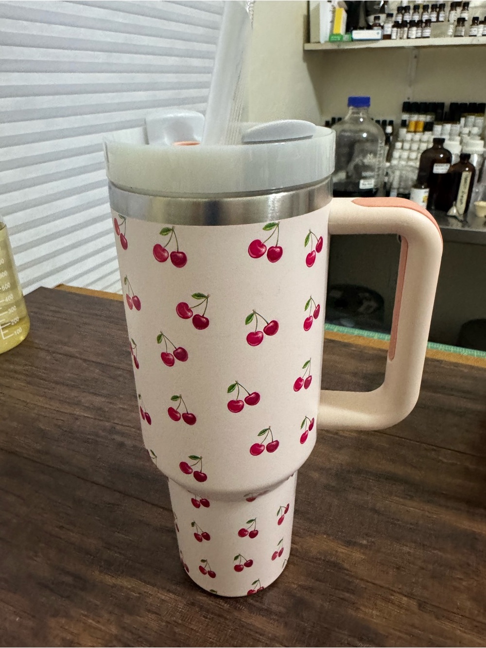 Cherry print and pink 40oz water bottle tumbler new sealed straw
